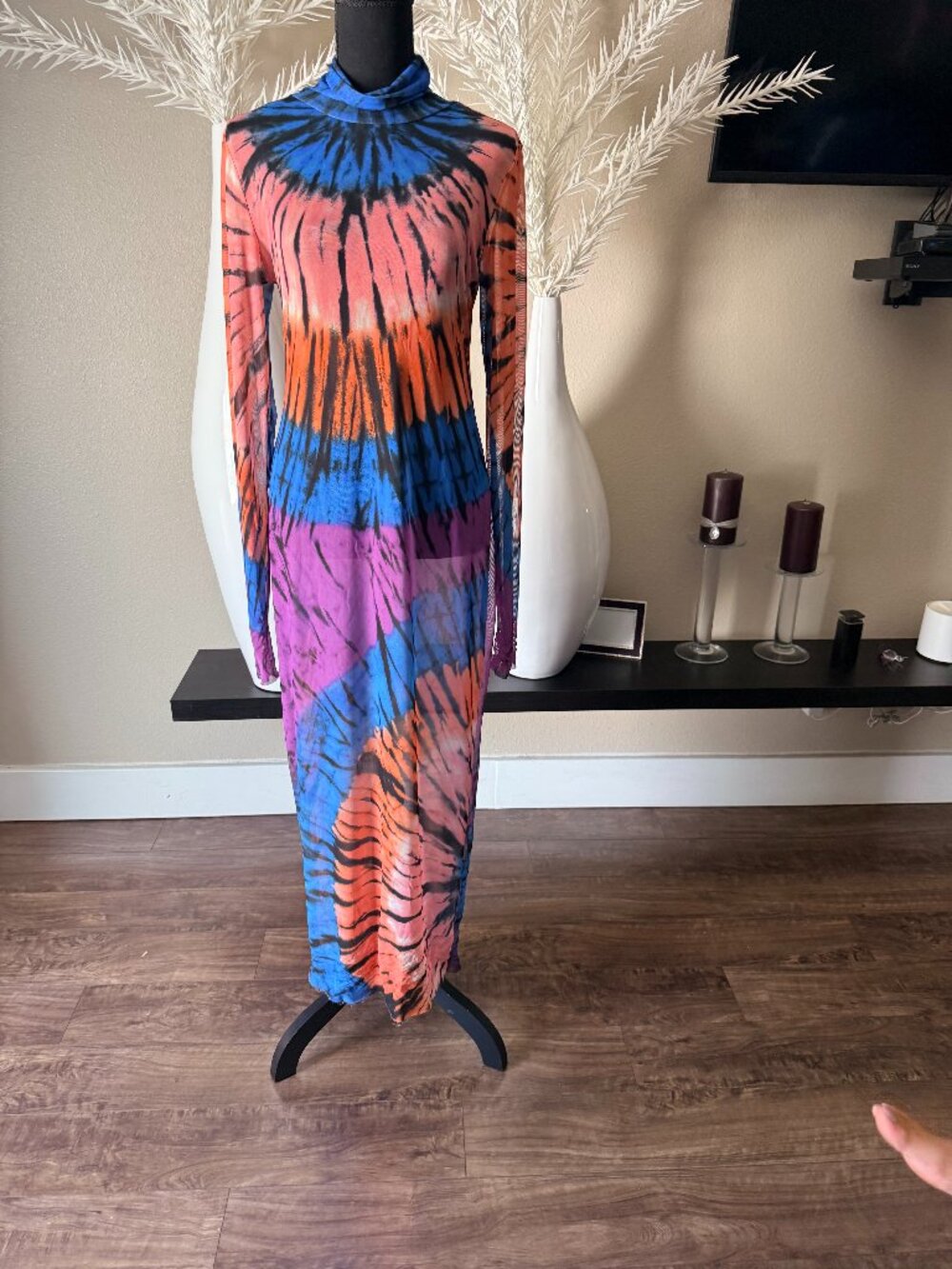 AFRM Shailene Tie-Dye Mesh Maxi Dress Size Large Long Sleeve